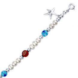 Støíbrný náramek Triton s pøírodními perlami a korálky z benátského skla